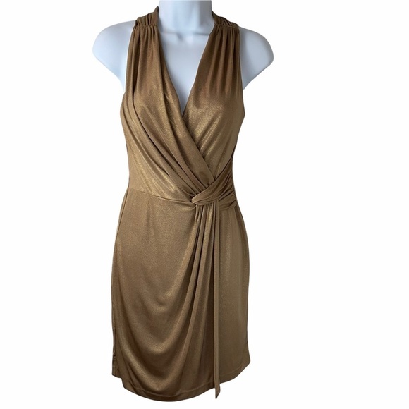 Donna Morgan Shimmery Metallic Gold V Cut Cinched Waist Cocktail Dress Size 2P - Picture 2 of 9
